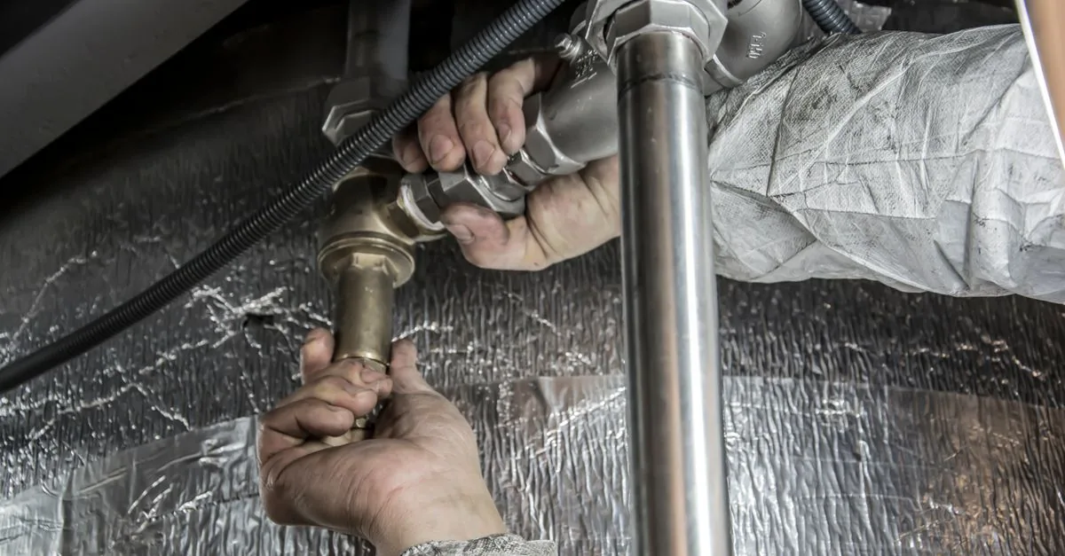 Persona revisando la instalación de agua bajo el fregadero de su casa